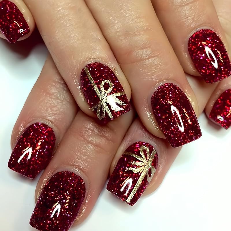 Christmas Press on Medium Square Fake Nails With Black Snowflakes Design - Glossy Glue on Winter Xmas Full Cover Acrylic Artificial Bling Gold