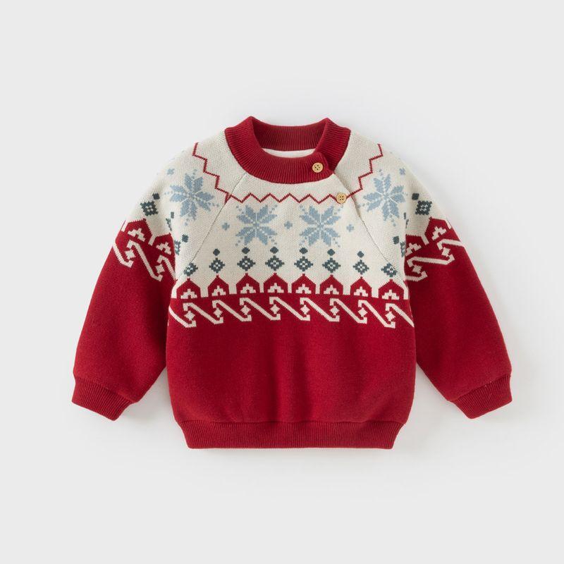 David Bella Children s Red Sweater with Fleece, Boys and Girls Warm Winter Knitwear, Fair Isle Pullover, New Year Red Linghong [Ready Stock] 140