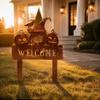 Halloween Landscape Accents Rusty Metal Pumpkin Garden Stake, Spooky Evil Face Welcome Yard Sign, Silhouette Stakes Outdoor Decorative Lawn