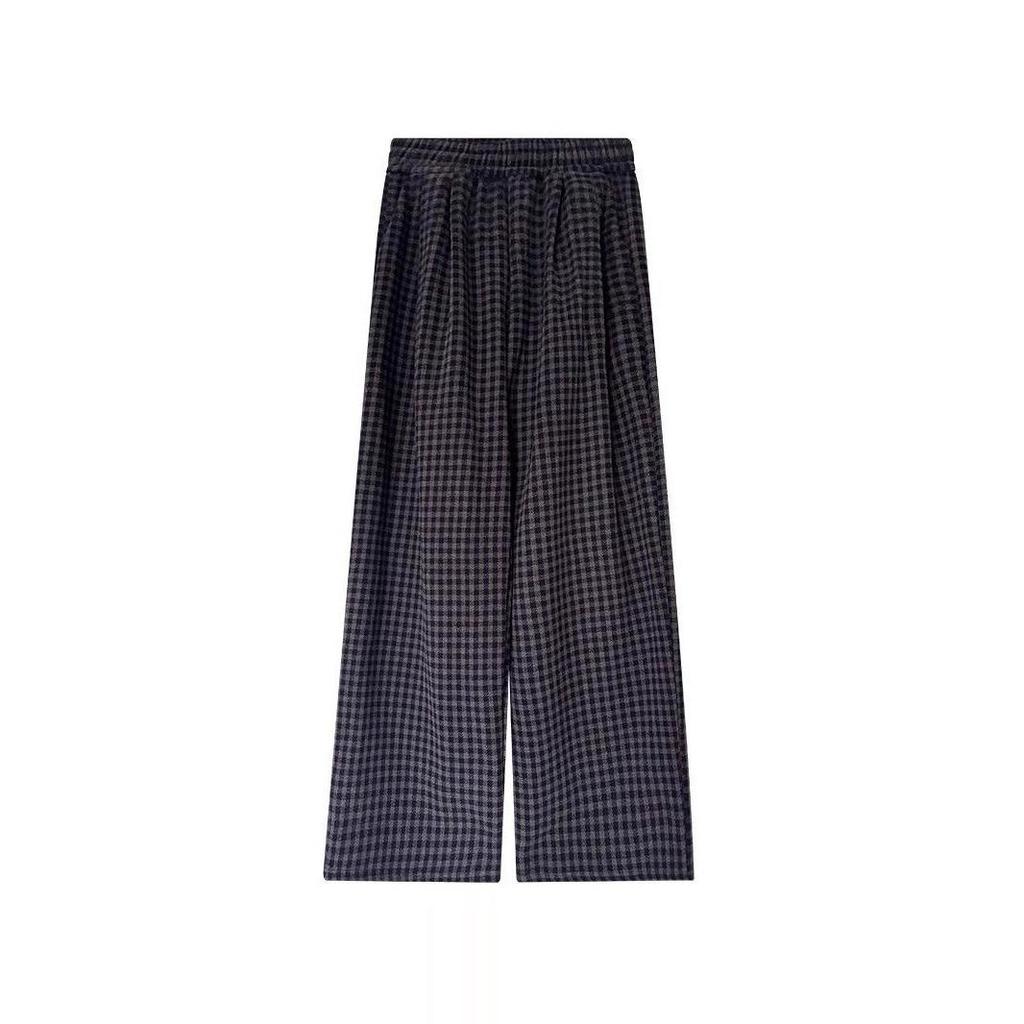 Women's Retro Plaid Wool Fleece-Lined Wide-Leg Pants - Casual Loose Fit for Autumn and Winter