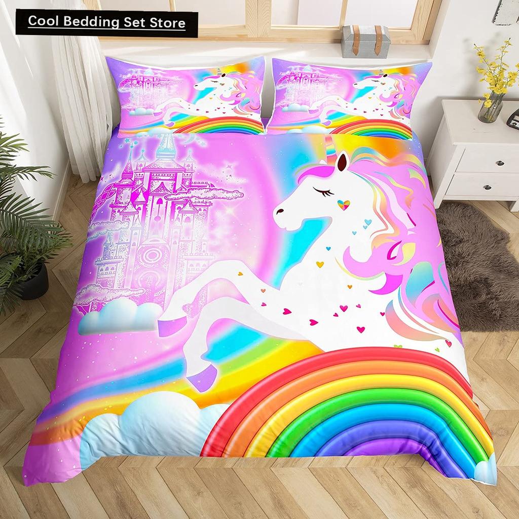 Kids Unicorn Stars King Queen Duvet Cover Cartoon Magic Animal Bedding Set Rainbow Shiny Quilt Cover Polyester Comforter Cover