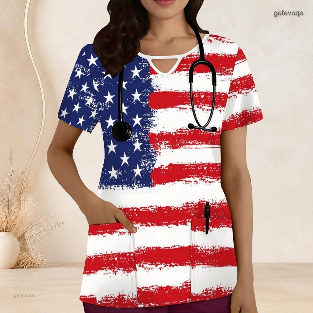 Women Plus Size Keyhole Neck Short Sleeve Butterfly Printed Black Nurse Scrub Top With Pockets