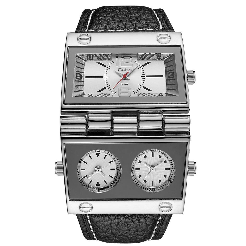 Oulm Men's Quartz Watch with Large Rectangular Dial & Multi-Time Zone Display