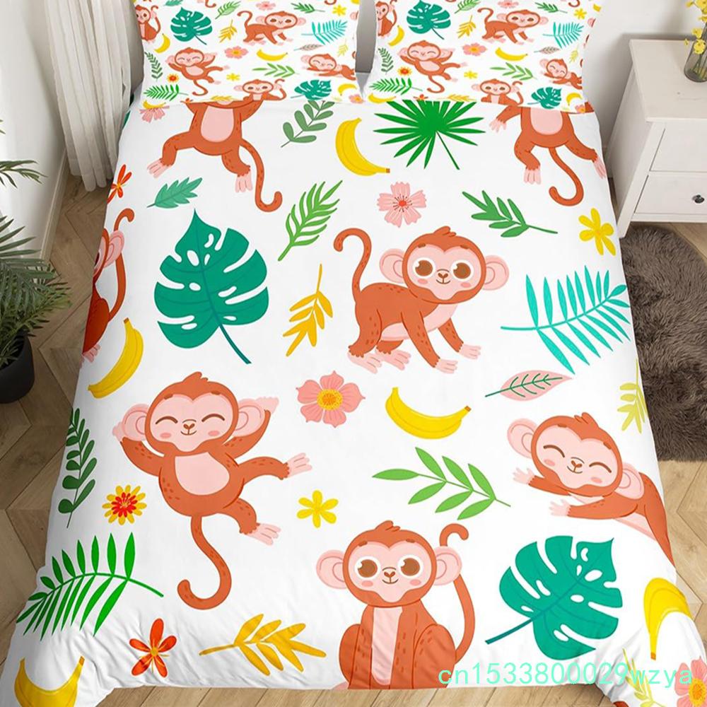 Cute Monkey Bedding Set Full Twin Cartoon Banana Stars Duvet Cover Tropical Wild Animal Fruit Comforter Cover Yellow Quilt Cover