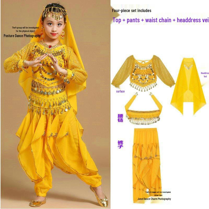 Costume da Danza Indiana per Bambini: Costume per Esibizione di Danza del Ventre e Minoranze dello Xinjiang per Bambina