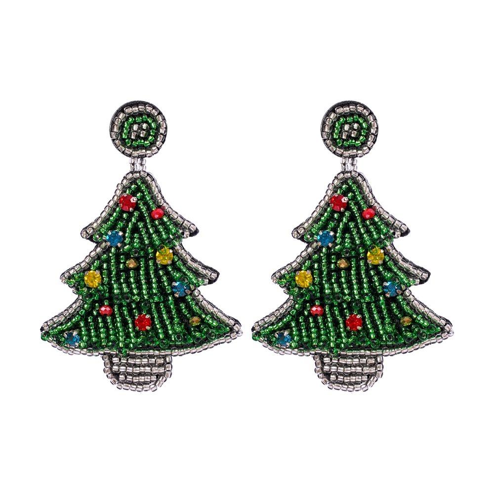 Green Handmade Beaded Ear Drop Bright Rhinestone Christmas Tree Stud Earrings  Girls