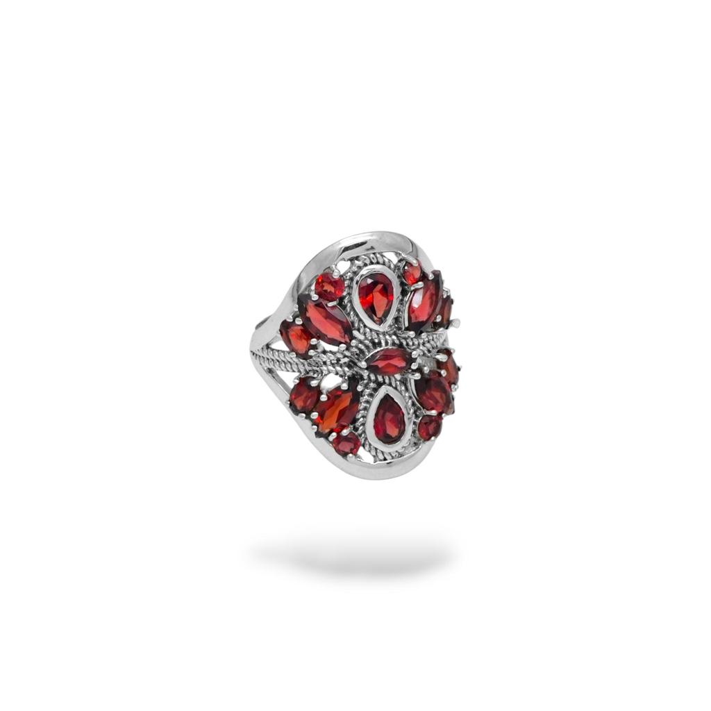 925 Sterling Silver Garnet Cluster Ring – Natural Red Gemstone Statement Jewelry for Women