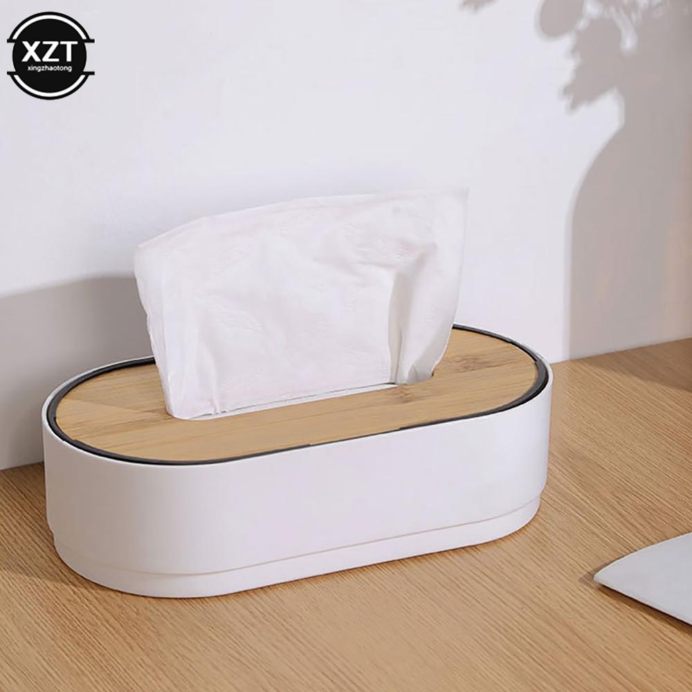 Tissue Box Wooden Cover Solid Color Tissue Box with Groove Multifunctional Household Room Desktop Tissue Plastic Storage Box