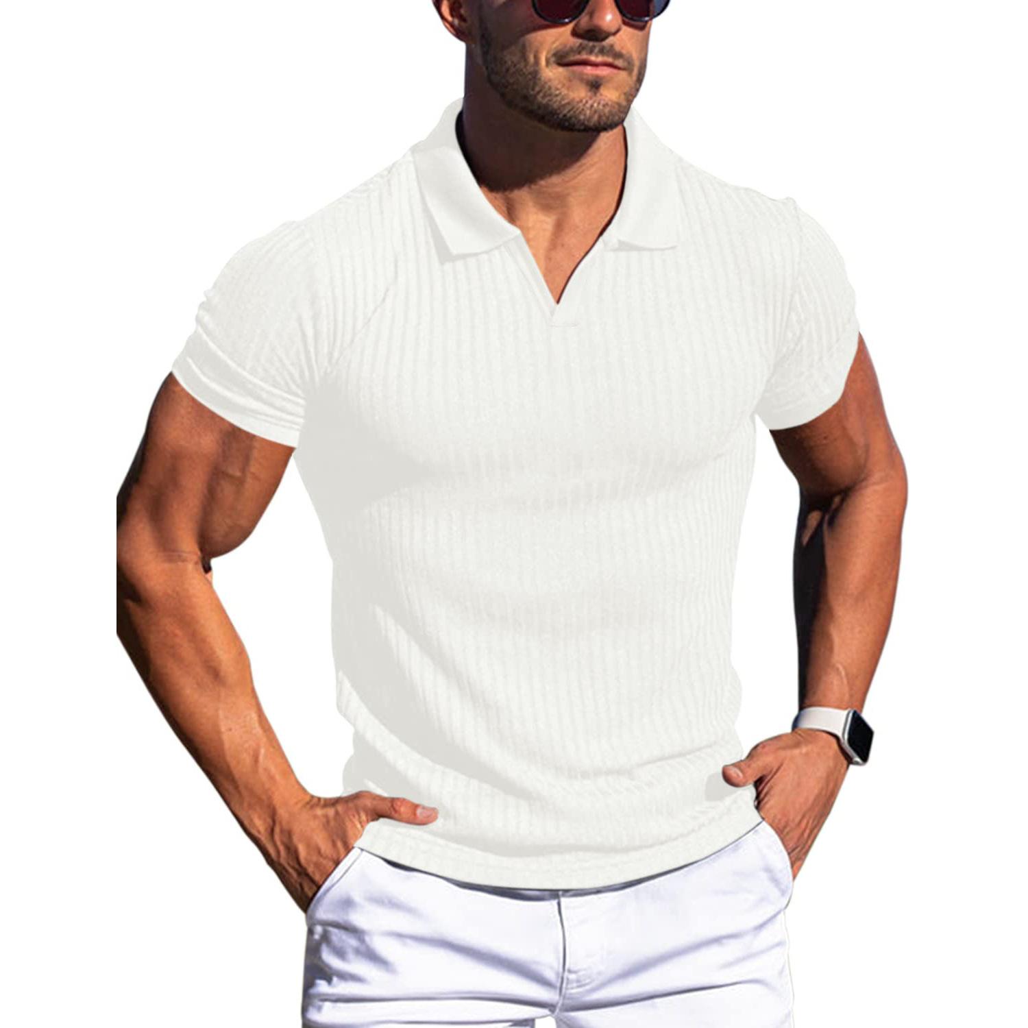 Summer new POLO shirt V-neck vertical striped short-sleeved men s casual T-shirt S белый