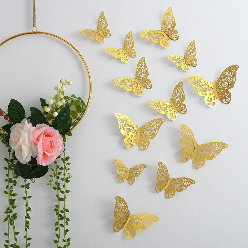 3D Three-dimensional Hollow Butterfly Wall Sticker Wall Decoration Living Room Wall Arrangement Metal Texture Creative Sticker