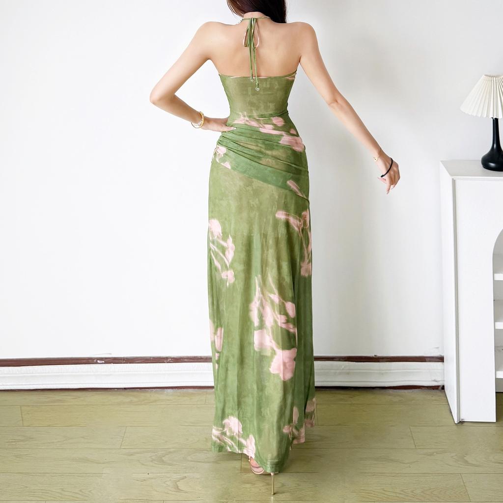 European and American Style 2026 Summer New Girl Retro Sexy Neck Slim Split Dress Women
