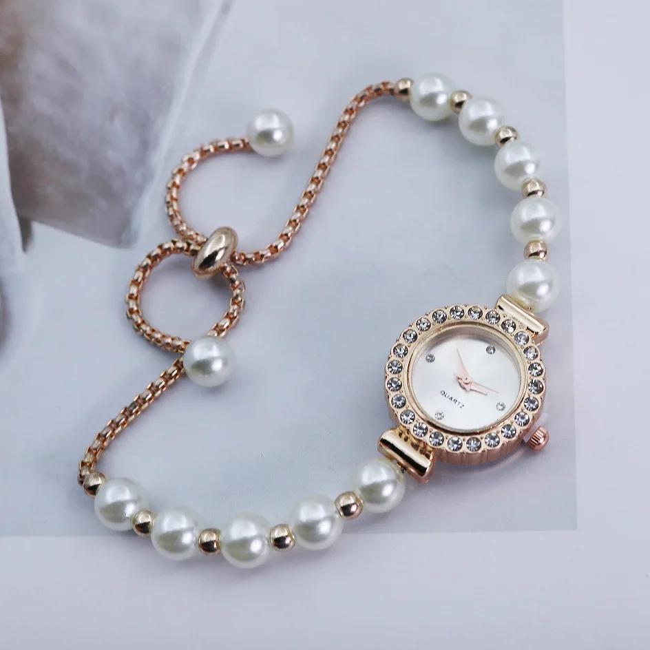 

Роскошные нишевые дизайнерские часы-браслет с жемчугом, бриллиантовым циферблатом, простые темпераментные женские наручные часы, регулируемые кварцевые часы