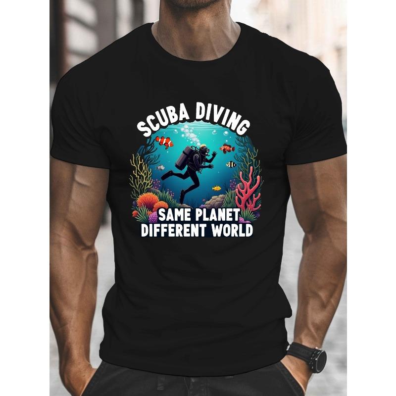 Diver Underwater Scene Print, Men s Round Crew Neck Short Sleeve Tee, Casual T-ShirtCasual Comfy Lightweight Top for Summer S
