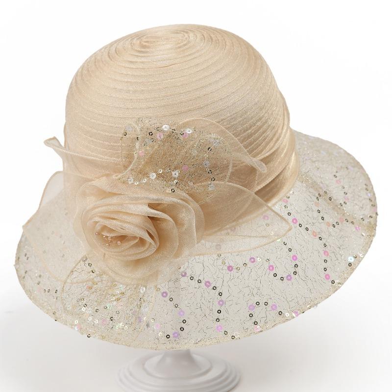 Women Mesh Sequin Formal Hat Handmade Floral Decoration Wide Brim Elegant Party Wedding Sun Shade Cap
