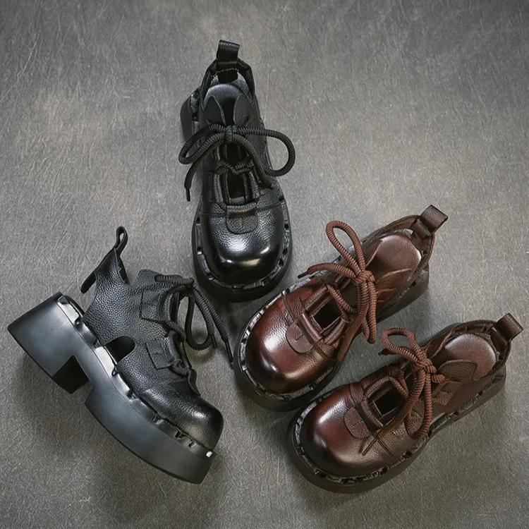 Johnature Retro Sandały z Prawdziwej Skóry z Wycięciami Okrągły Nosek Sznurowane Gruba Podeszwa Buty Damskie