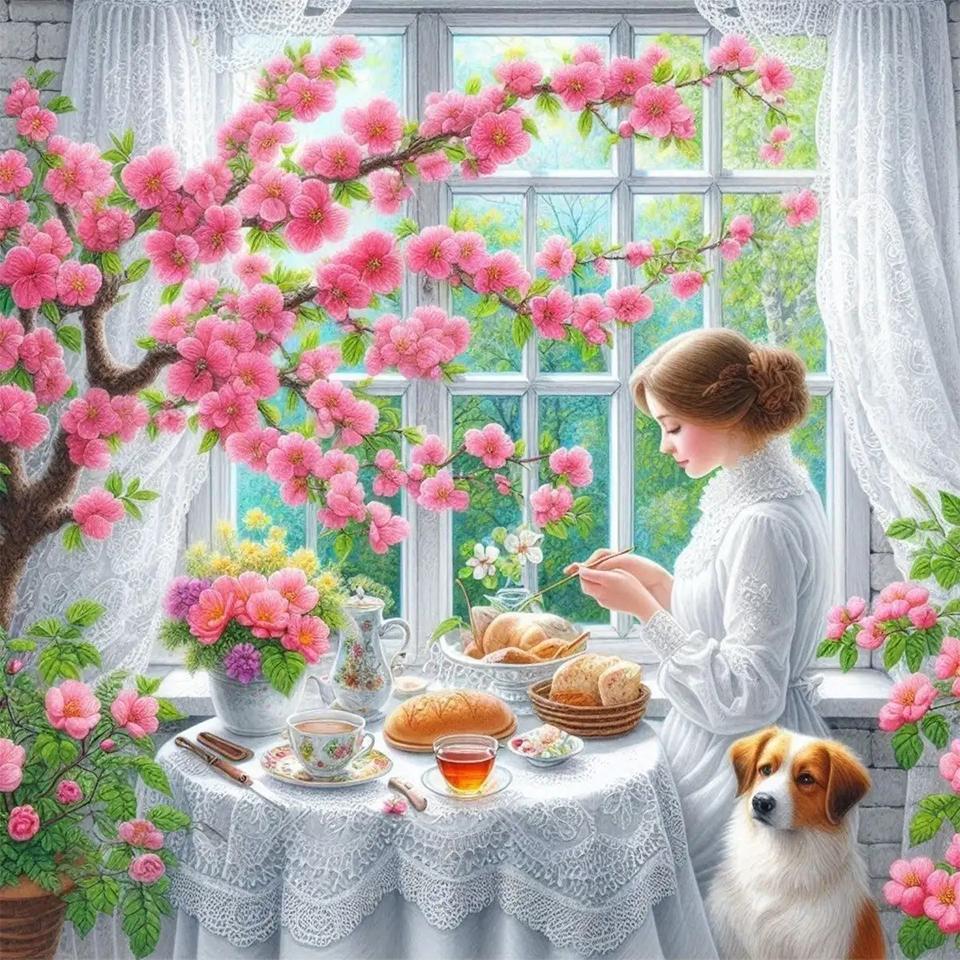 5D DIY Cartoon Square Diamond Painting Kit Woman And Flower Cross Embroidery Handmade Renovation Mosaic Art Gift 2024 New