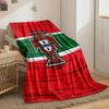 Central crest over a red, green, and white horizontal striped background. for all seasons blanket lunch break throw gift