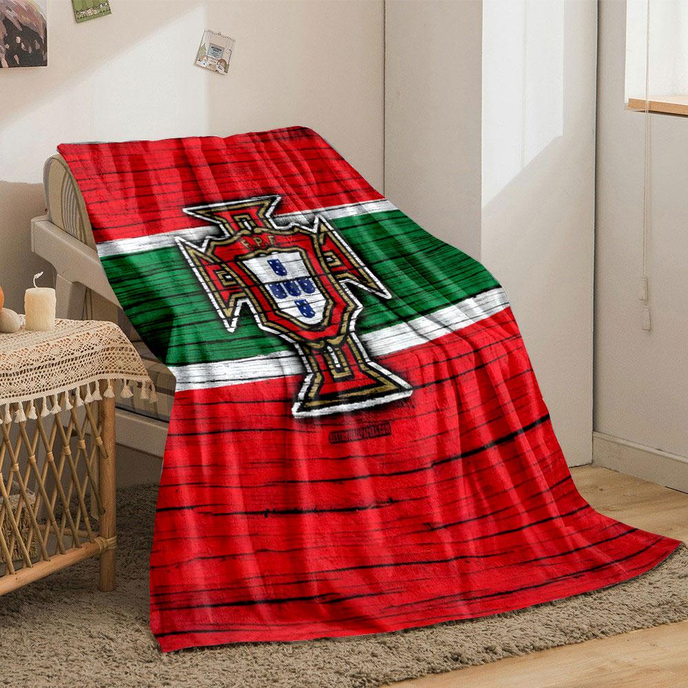 Central crest over a red, green, and white horizontal striped background. for all seasons blanket lunch break throw gift