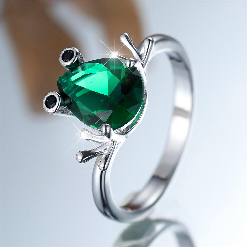 Trendy Crystal Green Zircon Silver Color Wedding Bands Cute Flog Rings For Women Men Minimalist Jewelry