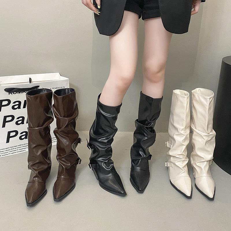 2025 Autumn and Winter New Pointed Thick Heel Niche Thin Boots But Knee Fashion Boots Soft Belt Buckle Trouser Tube Boots