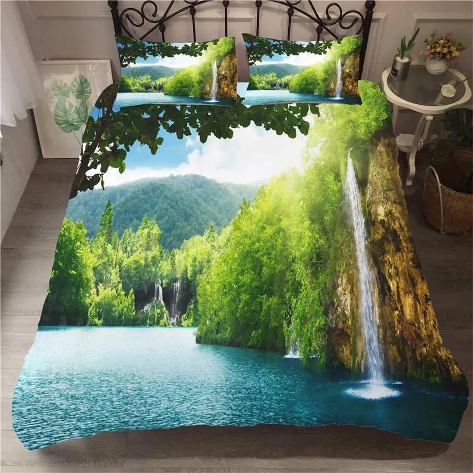 Waterfall Duvet Cover Set Natural Scenery Quilt Cover Pillowcase Landscape Forest Waterfall Queen Size Polyester Bedding Set