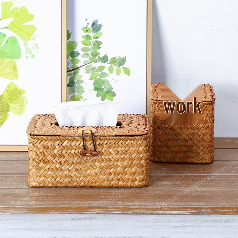 Handmade Woven Straw Tissue Box Cover for Car