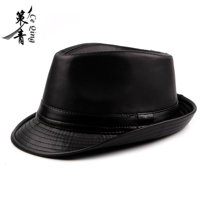 Herbst und Winter neue PU-Leder Zylinderhut Damen leichte Platte Mode Britisch schlicht Retro geschwungene Krempe Hut Herren Jazzhut Tide