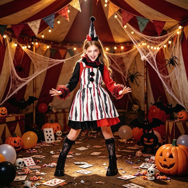 Kids Halloween Clown Costume Girls Circus Role Play Dress Set Carnival Party Outfit