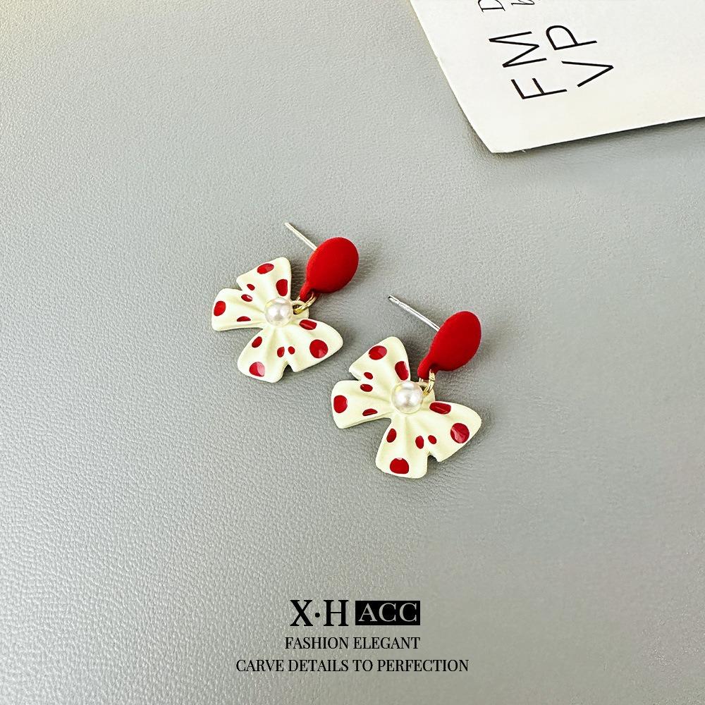 Silver Needle Red Polka Dot Bow Earrings Exquisite Cute Sweet Earrings Small Fresh Temperament Fairy Earrings