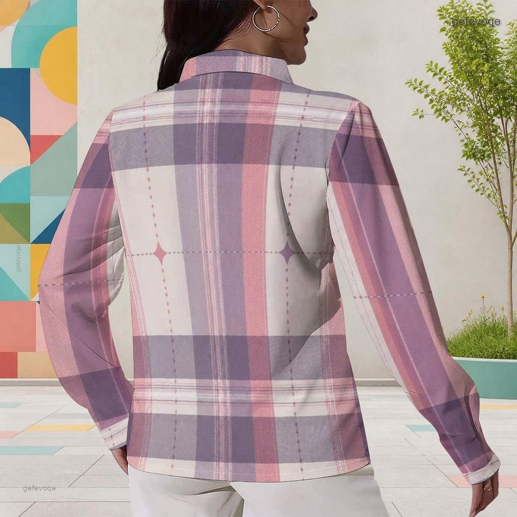 Women Plus Size Collared Neck Long Sleeve Plaid Printed Button Front Shirt Pink Gray White