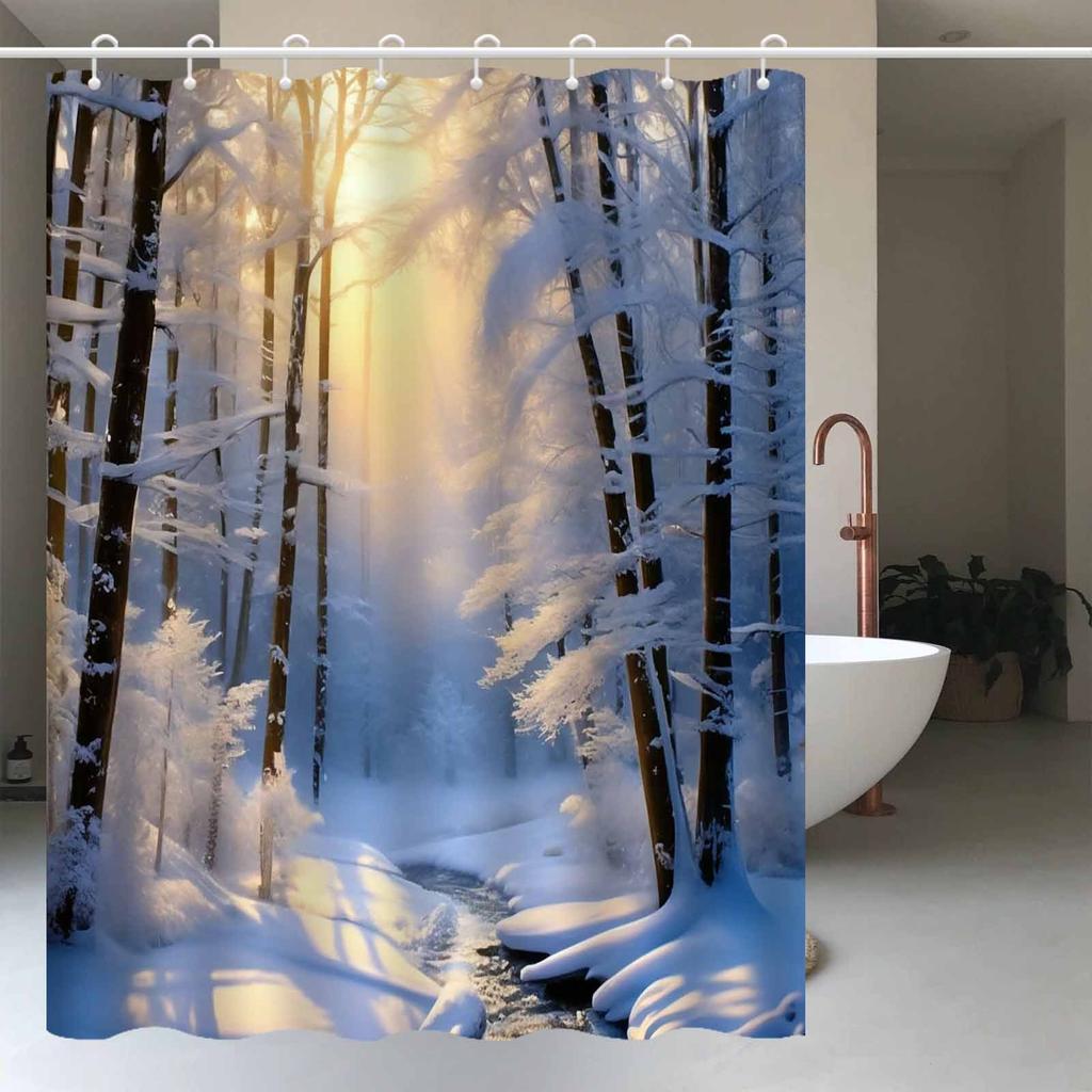 JIT1pcs Winter Snow Forest Landscape Shower Curtain, High-end Elegant Bathroom Curtain, Bathroom Decoration Pattern