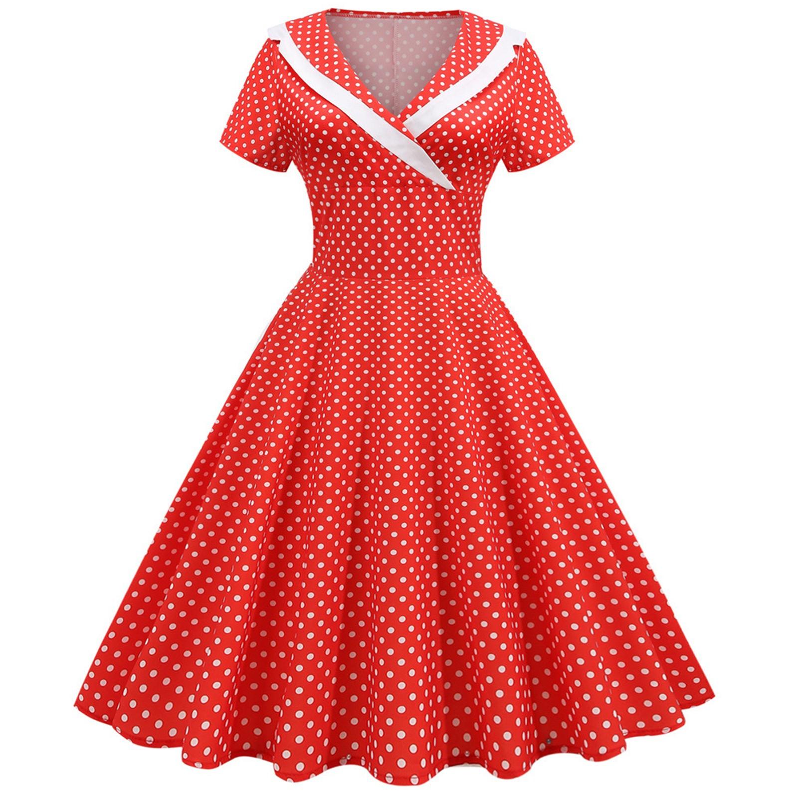 

Женское модное повседневное платье с V-образным вырезом и коротким рукавом в горошек с принтом облегающее ретро-платье XXL красный