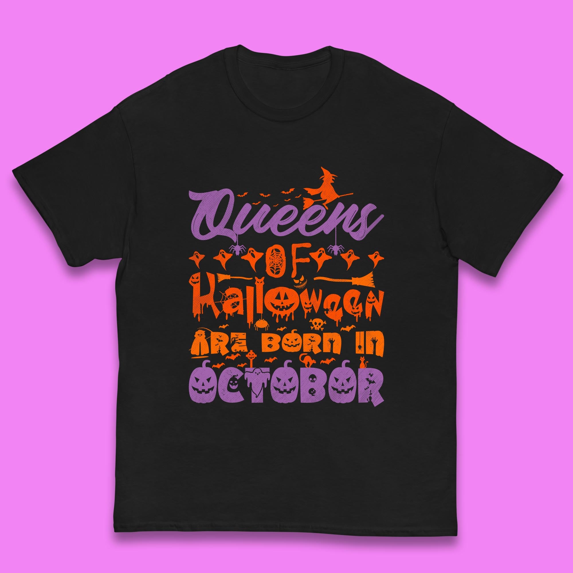 Queens Of Halloween Are Born In October Halloween Witch Birthday Party Kids T Shirt 160