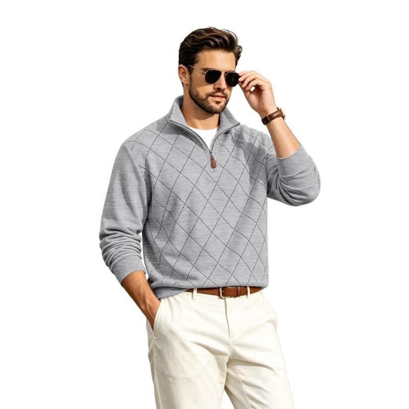 Men's Half-Zip Collared Diamond Quilted Casual Sweatshirt.