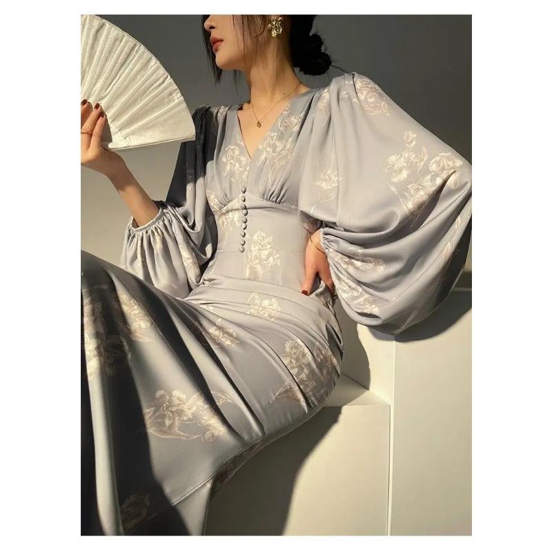 Neu Elegante Druck Meerjungfrau Kleider für Frauen Sommer Neue Slim V-ausschnitt Langarm Landebahn Partei Robe