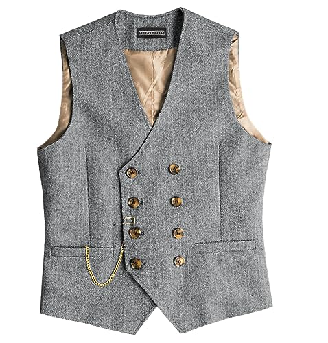 Men Suit Gray Vintage Double Breasted Blend Waistcoat For Wedding Groomsmen Banquet Men Coat