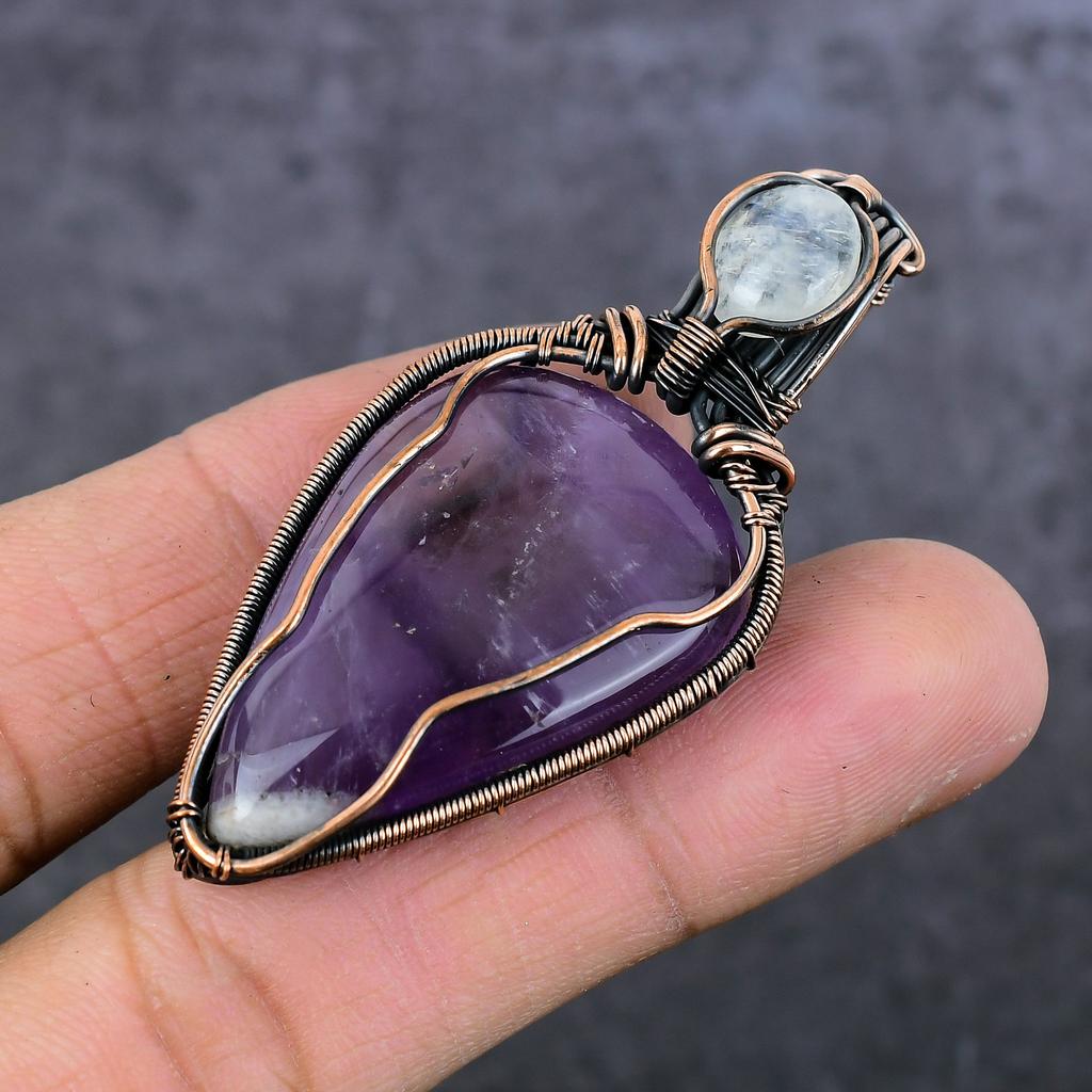 Sage Amethyst, Moonstone Gemstone Copper Wire Wrap Jewelry Pendant 2.44" h2S34