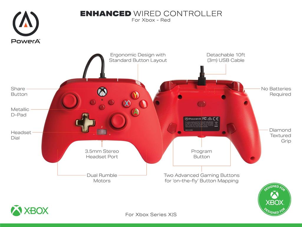 Enhanced Wired Dual Vibration Back for Xbox Series Xbox Windows 2-Year WarrantyPowerA Controller, Red, Function, Buttons, XS, One, PC, 10/11