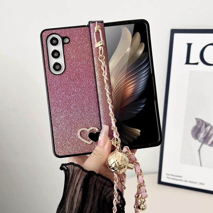 

Красочный ремешок через плечо с цепочкой, блестящий чехол для телефона для Samsung Galaxy Z Fold 5 Fold4 Fold3 Z Flip5 Flip4 Flip3 Love Heart, противоударный тонкий чехол oppo Find N2 Flip