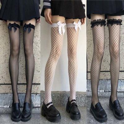 Șosete Albe Femeie cu Dantelă și Plasă, Până la Coapsă - Stil Lolita de Vară