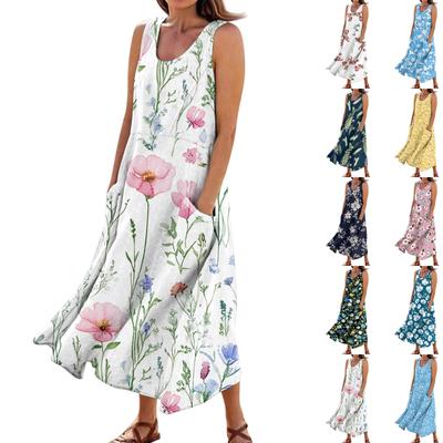 Women's Summer Casual Fashion Flower Printed Sleeveless  Pocket Dress