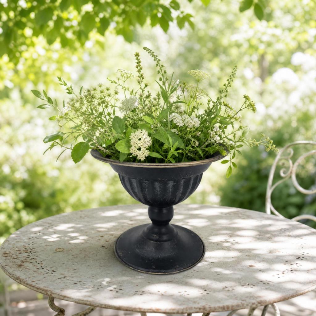 Distressed Metal Pedestal Vase Floral Bowl VintageInfluenced Elevated Stem Flower