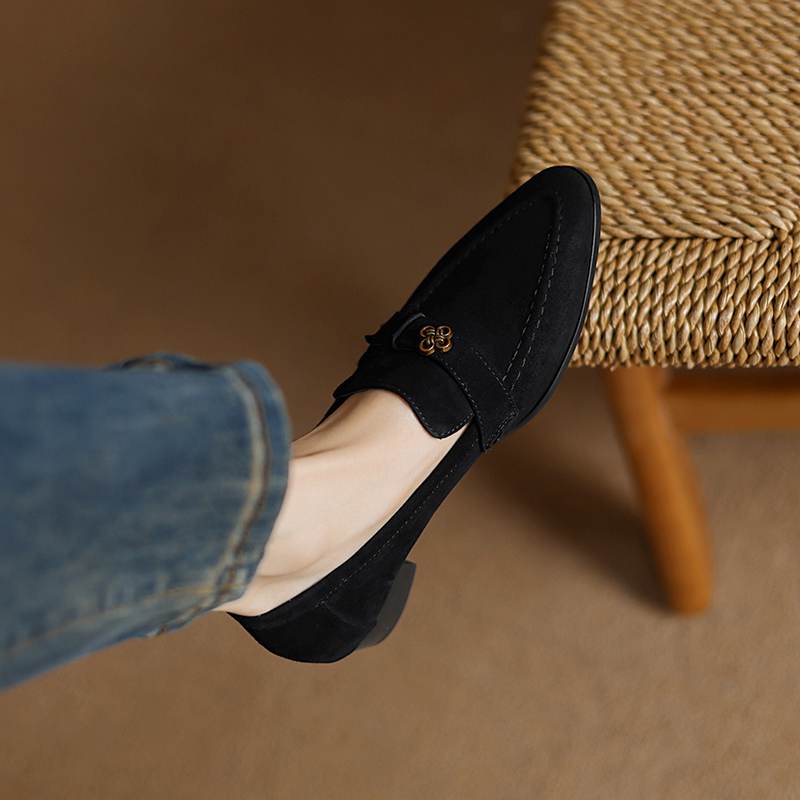 Krazing Pot Sheep Suede Autumn Winter Shoes Metal Decoration Loafers Med Heels Slip On Size 42 Round Toe Slip On Deep Mouth Pumps