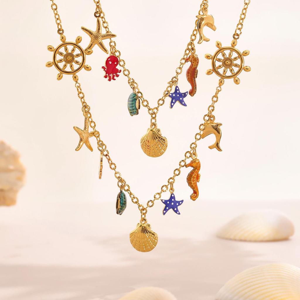 Oumayka Ocean Vacation Style Drip Oil Starfish, Seashell & Seahorse Stainless Steel Necklace