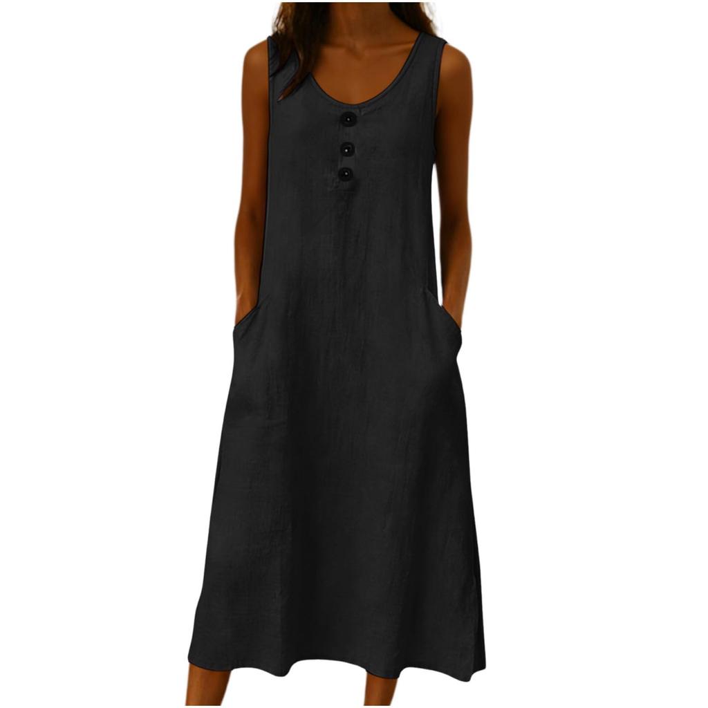 Sleeveless Casual Washed Wrinkle Dress for Women with Button Front and Pockets Loose Fit Midi Length Summer Dress