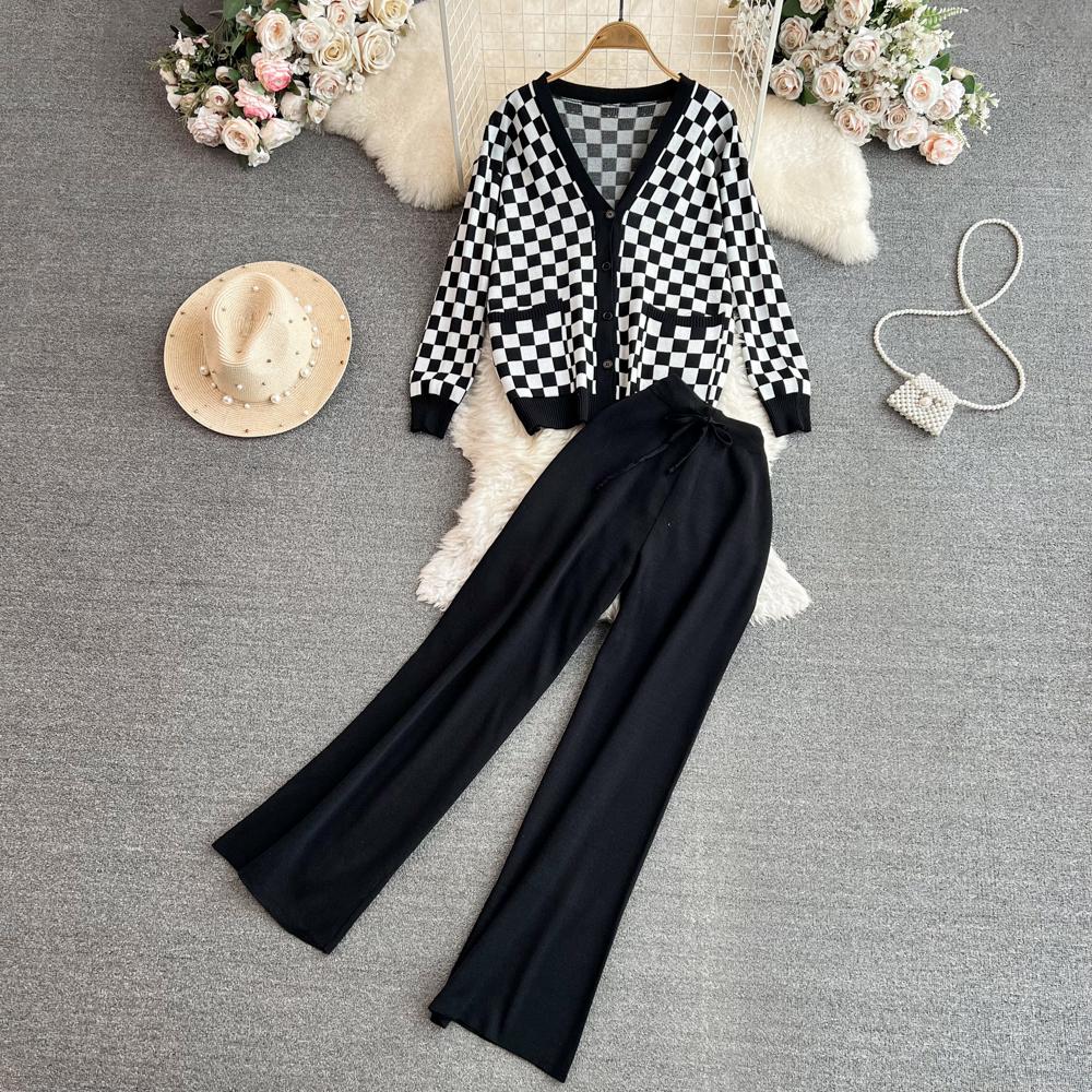 Herbst Vintage Marke Plaid Gestrickte Pullover Hose 2 Stück Set Frauen Trainingsanzug Einreiher Mantel + Knöchel Länge Hosen Outfits