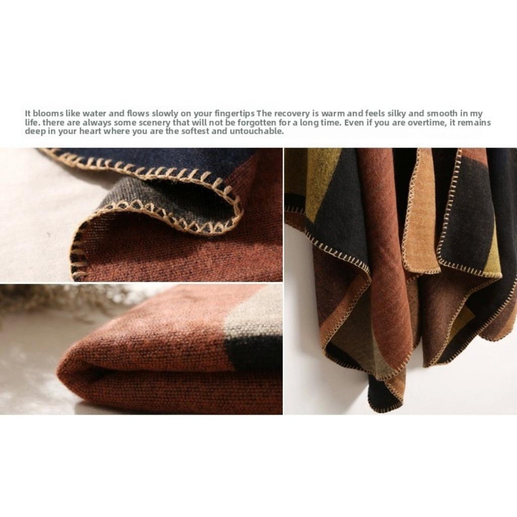 Fular de Toamnă și Iarnă, Șal de Călătorie Versatil în Carouri pentru Femei, Pelerină Groasă Despicată Stil Etnic din Cașmir Imitație