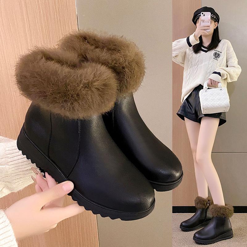 Booties Women  Faux Leather Anti Slip Mom Shoes Large Size Wedge Natural Wool Winter Women's Snow Boots