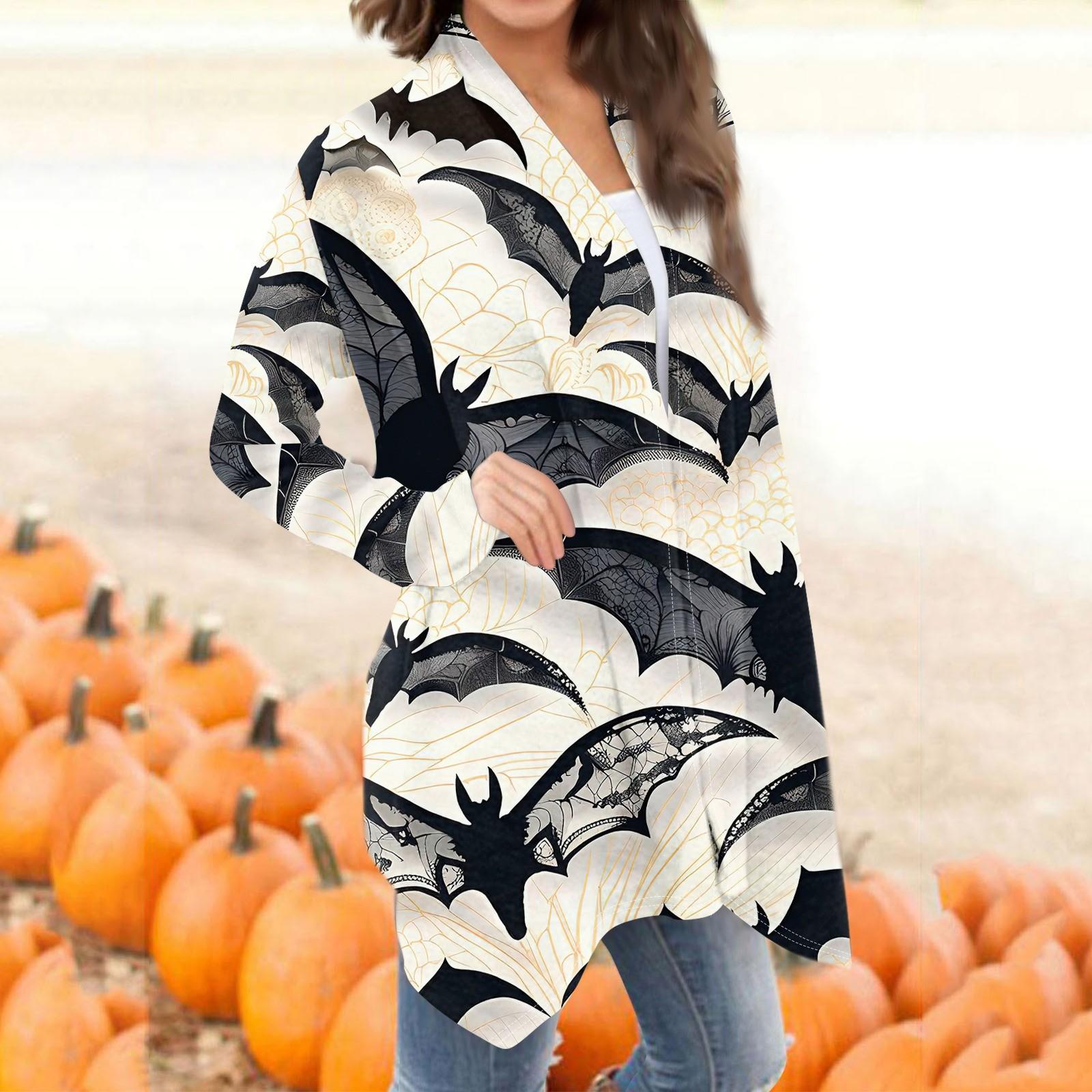 

Женская мода, повседневный кардиган с принтом на Хэллоуин, средней длины, куртка, пальто XL белый