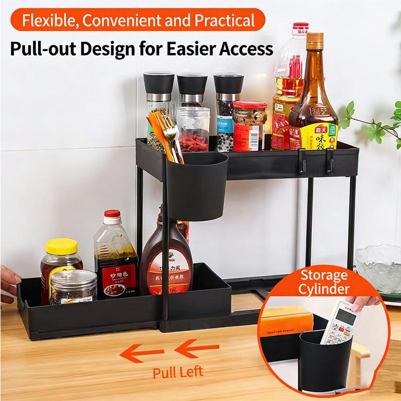 2Tier Multi-function Kitchen/Bathroom Sink Organizer Sliding Cabinet Basket with Hook Hanging Cup Home Space-Saving Storage Rack